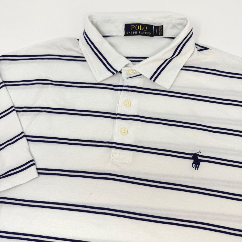 Polo Ralph Lauren Mens Large White Navy Blue Striped Pima Cotton Polo Shirt
